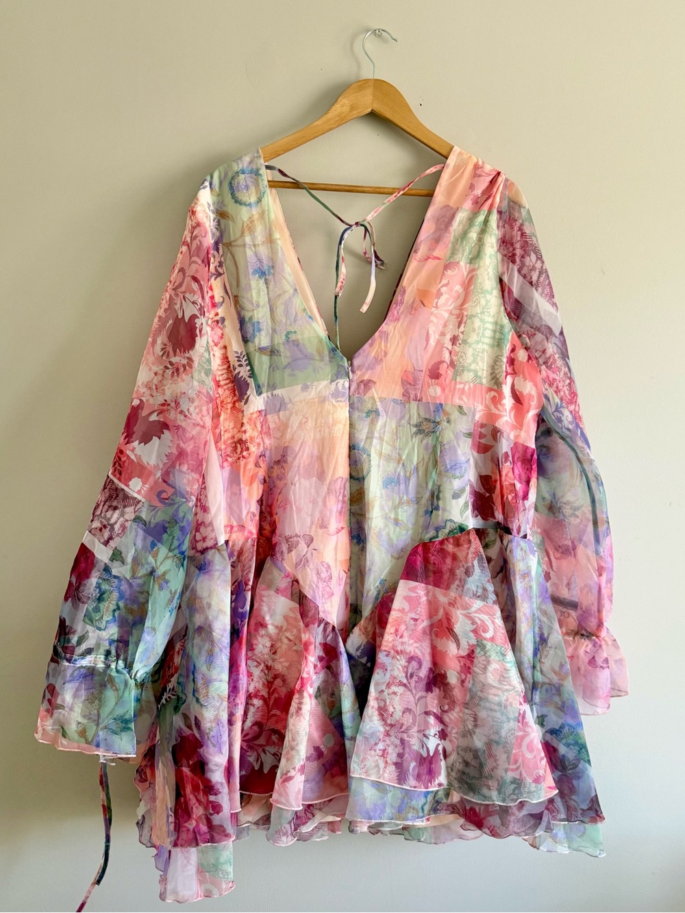 ASOS Floral Pink Sheer Bell-Sleeve Mini Dress - Picture 5 of 7